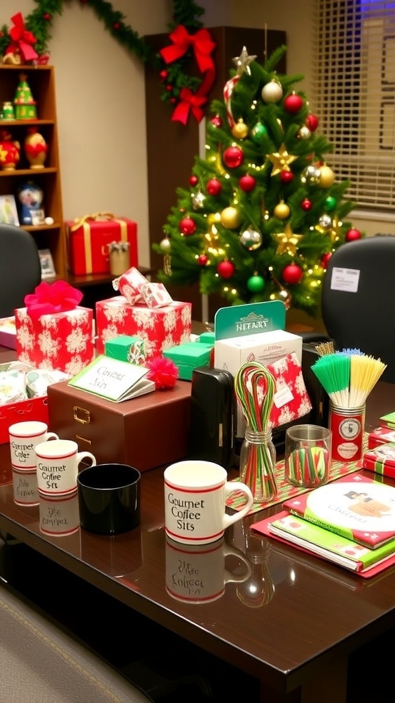 A decorated office table with Christmas gifts including mugs, coffee sets, and desk accessories, with a Christmas tree in the background.